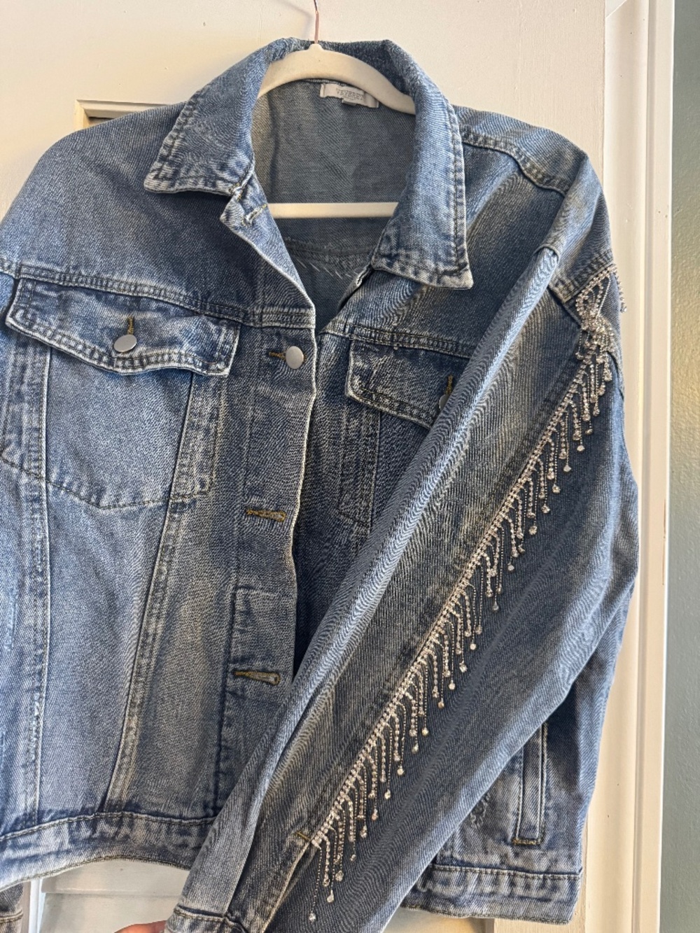 Jean jacket with beaded fringe